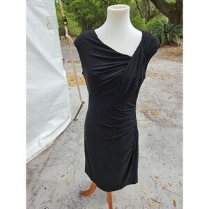 Lauren Ralph‎ Lauren Front Side RUCHED Asymmetrical Neck Midi LBD Lined Black